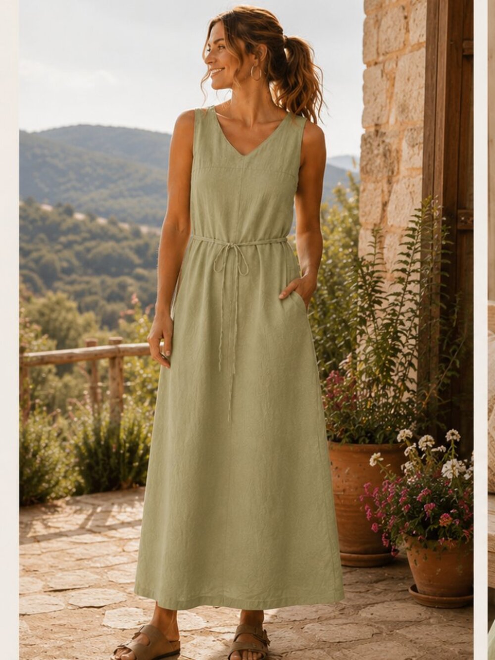 Talbots Green Linen Jumper Tank Maxi Dress Plus Sz 14 Beachy Cottagecore Summer